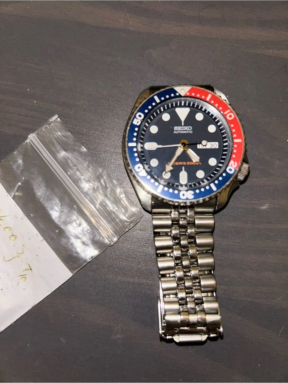 Seiko Stainless Steel Diver Watch with Blue and Red Bezel